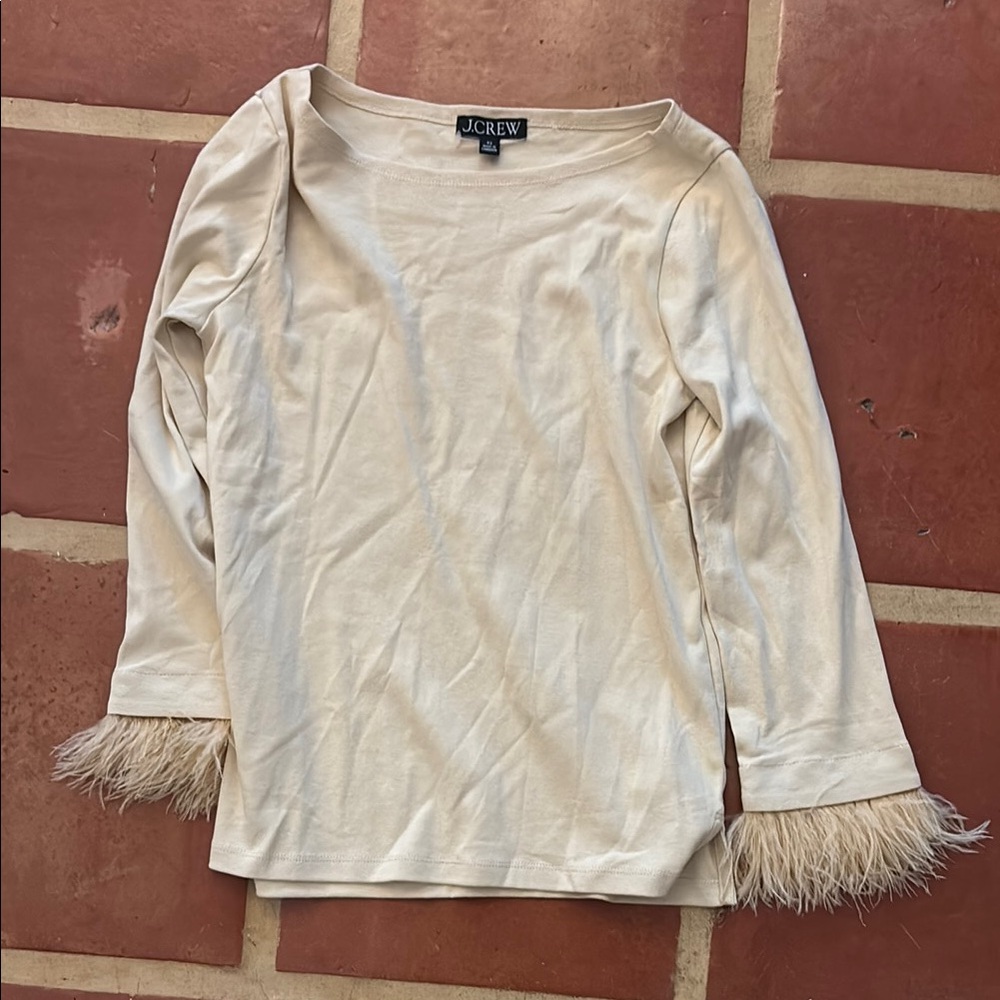 J. Crew Beige Top with Feather Cuffs NWOT